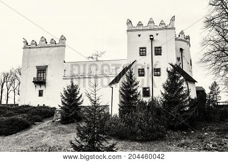 Beautiful chateau Strazky Slovak republic. Cultural heritage. Architectural theme. Black and white photo.