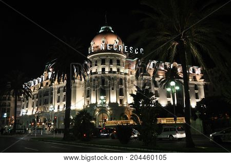 Nice, France - October 2012: Illuminated exterior of Hotel Negresco in Nice, France in October 2012