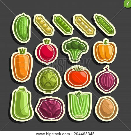 Vector Set icons of fresh Vegetables: 16 minimal labels for veg nutrition on black background, set of cartoon simple vegan stickers, tags for vegetarian organic food, flat vegetable graphic pictograms