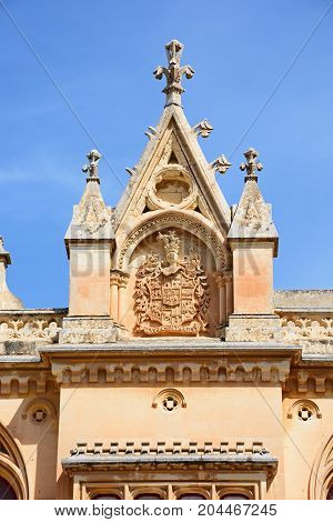 Coat of arms on the Bishops Palace in the Pjazza San Pawl Mdina Malta Europe.