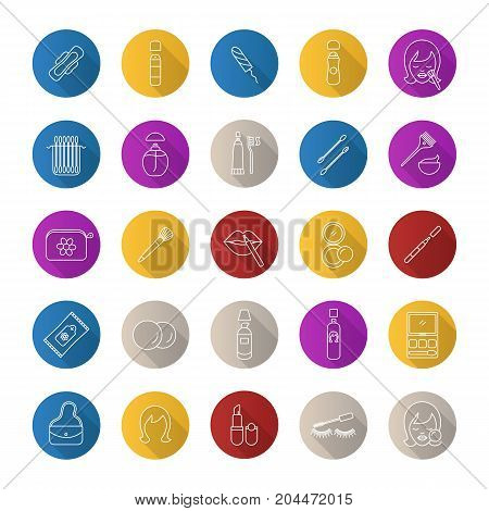 Cosmetics accessories flat linear long shadow icons set. Hygienic care products. Toiletries. Makeup. Vector outline illustration