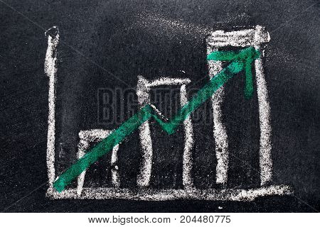 White chalk draw as bar chart and green chalk draw as upward arrow on black board background (Concept for sale profit cost of company in uptrend)