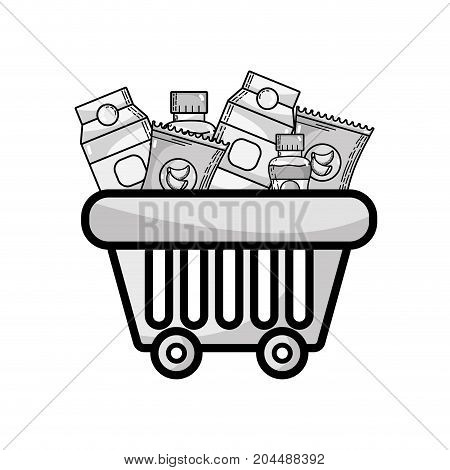 grayscale shopping basket with delicious products to buy vector illustration