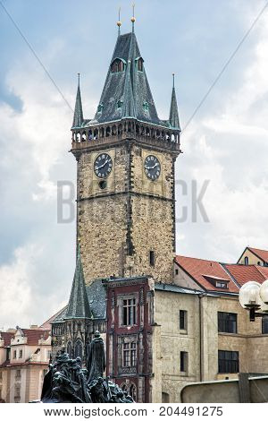 Old town hall with Jan Hus memorial in Prague Czech republic. Architectural scene. Travel destination.