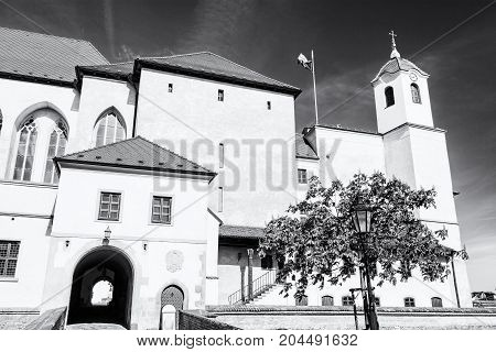 Spilberk castle in Brno southern Moravia Czech republic. Travel destination. Architectural scene. Black and white photo.