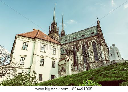 Famous Cathedral of St. Peter and Paul Brno Moravia Czech republic. Travel destination. Religious architecture. Retro photo filter.