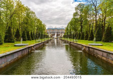 Peterhof, Russia - June 03. 2017. View of the Grand Palace from the side of the canal