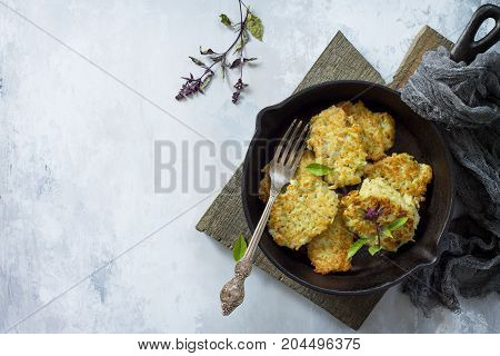 Vegetable Pancakes On Stone Or Slate Background. Fried Vegetarian Cutlets Or Pancakes. The Concept O