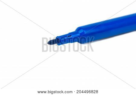 Open blue felt-tip pen on a white background closeup