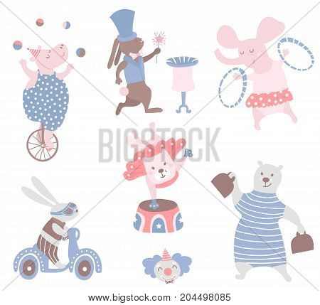 Circus animals vector clipart. Hippo cat bearbunnyelephantrabbit. Cute childish characters