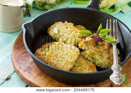 Vegetable Pancakes. Fried Vegetarian Cutlets Or Fritters On A Kitchen Wooden Table. The Concept Of H