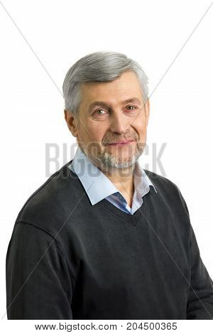 Mature man with sincere eyes on white background. Portrait of positive grey hair man isolated on white.