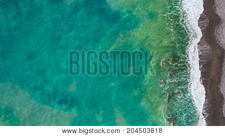 Drone Shot Of The Beautiful Sea Shore In Italy. Green Turkish Coloured