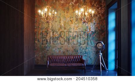 Interior with leather sofa and luxury lamp. Textured background. Retro lamp on a tripod