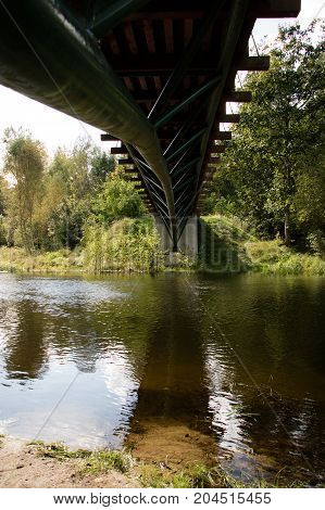 Bridge Over The Lake, River. Beautiful Autumn Season.