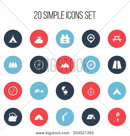Set Of 20 Editable Trip Icons. Includes Symbols Such As Tabernacle, Tent, Forest And More