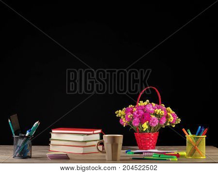 Back to school and education banner with colorful pencils and stationery.
