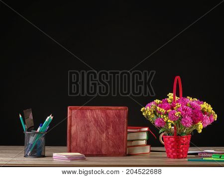 Back to school and education banner with colorful pencils and stationery.