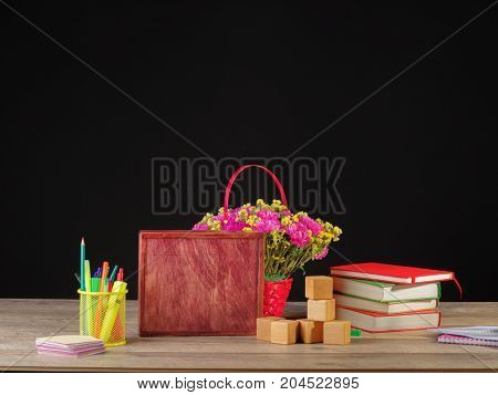 Back to school and education banner with colorful pencils and stationery.