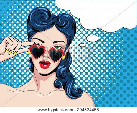 Vector illustration of a pop art woman with red glasses.Speech bubble