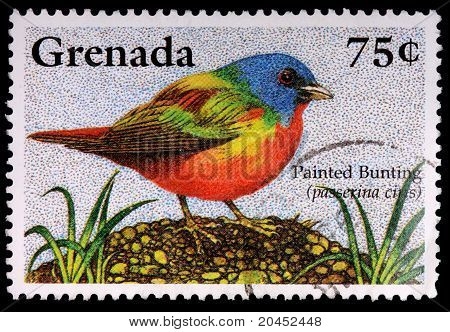 Grenada - cca 1995: 75 centů razítko vytištěno v Grenadě ukazuje malované prapory, Passerina Ciris,