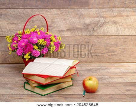 Back to school concepty with clear blackboard background, desk, items
