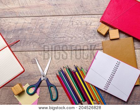 Back to school concepty with clear blackboard background, desk, items