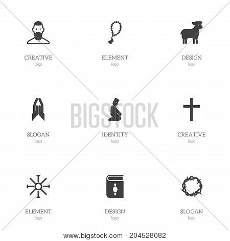Set Of 9 Editable Faith Icons. Includes Symbols Such As Sun Symbol, Sacrifice Sheep, Pray And More