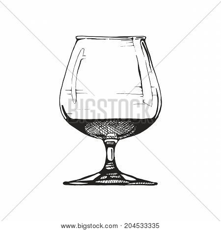 Snifter with Cognac. Vector illustration of balloon in ink hand drawn style. isolated on white.