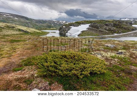 Mountain landscape along the National tourist route Aurlandstjellet. Flotane. Bjorgavegen. Western Norway