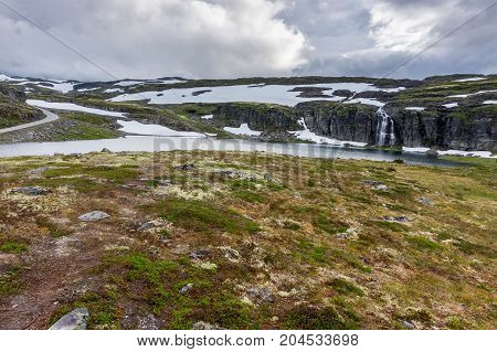 Mountain landscape along the National tourist route Aurlandstjellet. Flotane. Bjorgavegen. Western Norway
