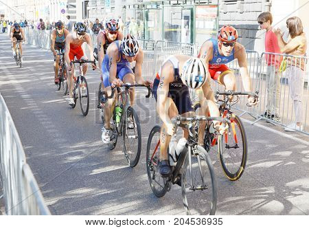 STOCKHOLM - AUG 26 2017: Group of male triathlete cyclists in the Men's ITU World Triathlon series event August 26 2017 in Stockholm Sweden