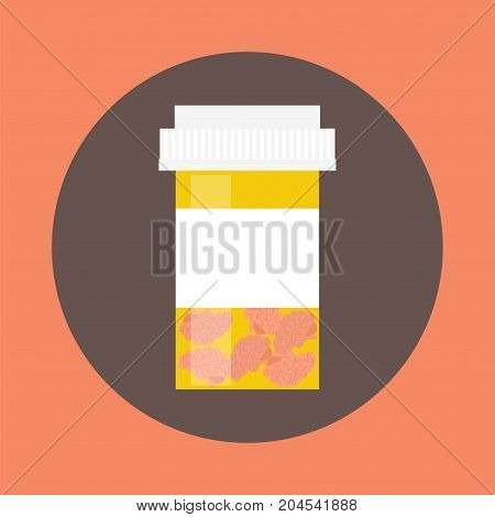 Mental health medication concept. Stock vector illustration of a plastic drug bottle with human brains as pills inside for mental disease treatment, stimulants and antidepressants.