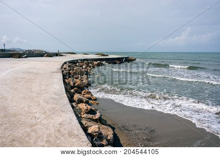 Construction of a promenade in the resort of Albania Golem region on the Adriatic coast.