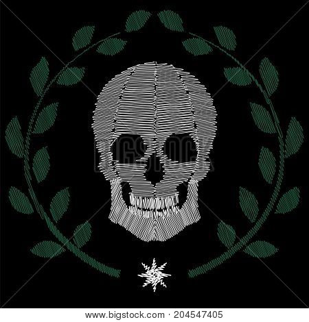 Human skull embroidery on black background. Stock vector illustration of skeleton part surrounded by green leaves in folk fashion ornament for clothes decoration in brutal style.
