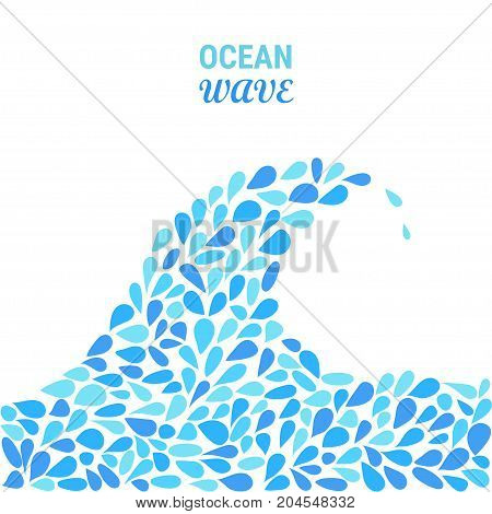 Small water drops forming a wave on white background. Stock vector illustration of blue splash and flow.