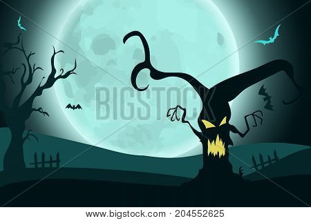 Halloween background with horror scary tree on ladscape in moonlight