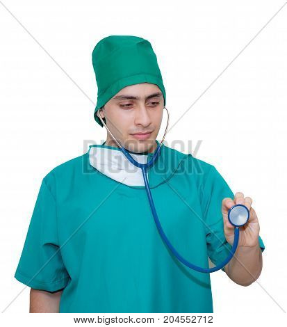 doctor male person with green uniform holding stethoscope isolated on white background.