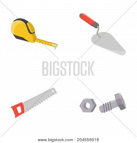 Measuring tape, bolt with nut, trowel, wood hacksaw. Build and repair set collection icons in cartoon style vector symbol stock illustration .