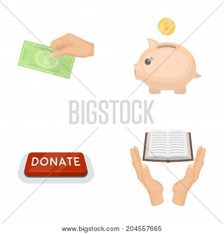 Hand with money for poshestvovaniya, a piggy bank for charity, a button with an inscription, a book for the blind in their hands. Charity and donation set collection icons in cartoon style vector symbol stock illustration .