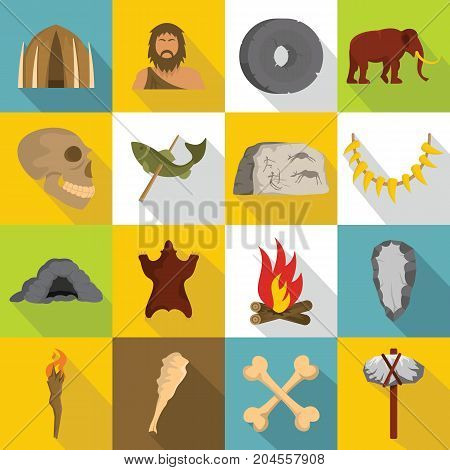 Caveman icons set. Flat illustration of 16 caveman vector icons for web