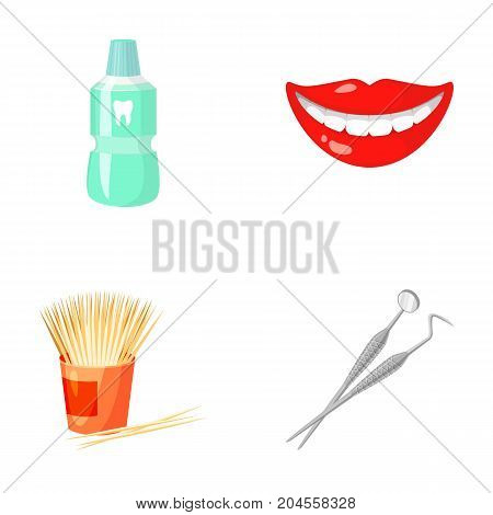Dental sterile liquid in the jar, lips, teeth, toothpicks in the jar, medical instruments for the dentist. Dental care set collection icons in cartoon style vector symbol stock illustration .
