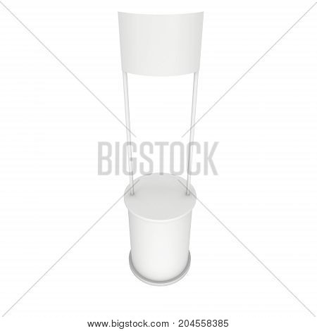 Stall or Kiosk Modern Promostand Reception Desk. Trade show booth white and blank. 3d render illustration isolated on white background. Template mockup for your expo design.