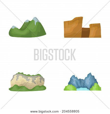 Green mountains with snow tops, a canyon, rocks with forests, a lagoon and rocks. Different mountains set collection icons in cartoon style vector symbol stock illustration .