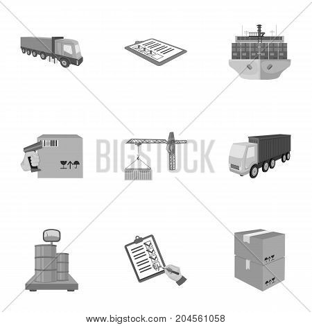 Forklift, cargo plane, goods, documents and other items in the delivery and transportation. Logistics and delivery set collection icons in monochrome style isometric vector symbol stock illustration .