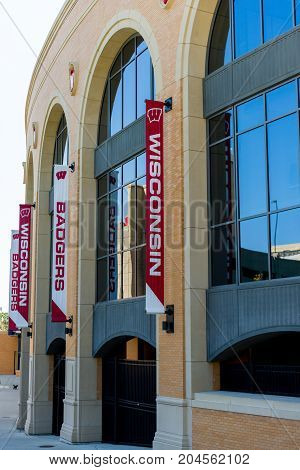 Madison WI - 13 September 2017: Camp Randall Stadium with banners showing Wisconsin and Badgers.
