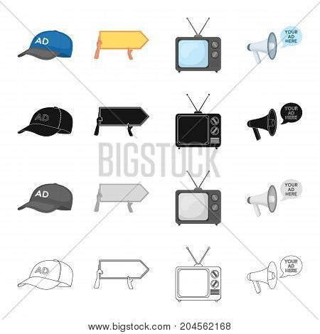 A cap with advertising, a pointer in the hands, a TV, a megaphone. Your advertising is here set collection icons in cartoon black monochrome outline style vector symbol stock illustration .