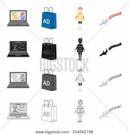 Advertising on the Internet, a bag with an inscription, an agent with a poster, an airplane with a banner. Your advertisement here set collection icons in cartoon black monochrome outline style vector symbol stock illustration .