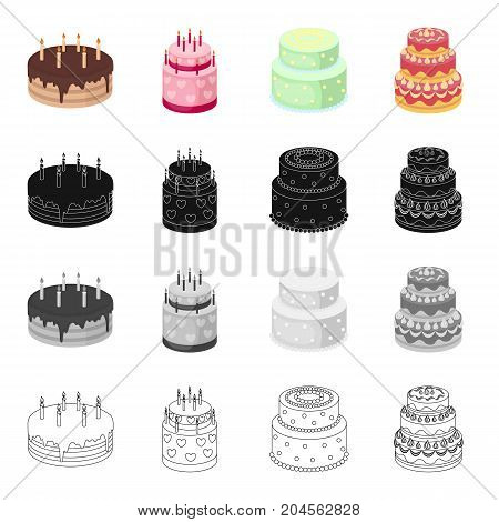 A festive cake and other types of dessert. Cakes set collection icons in cartoon black monochrome outline style vector symbol stock illustration .