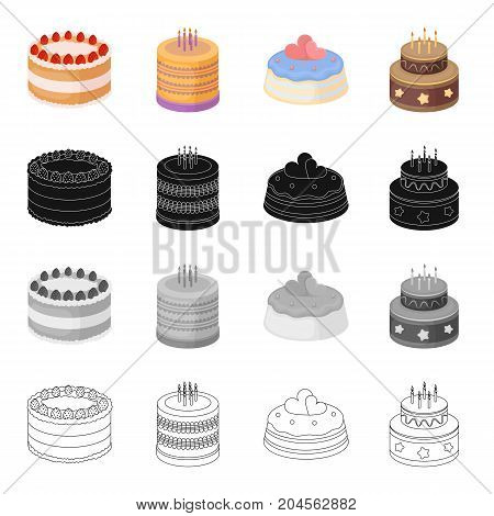 A festive cake and other types of dessert. Cakes set collection icons in cartoon black monochrome outline style vector symbol stock illustration .